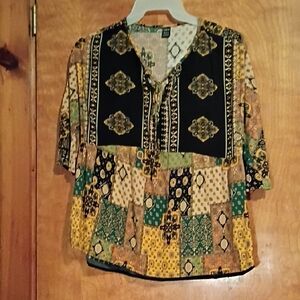 Vintage-Inspired Patchwork Blouse - Black and Green